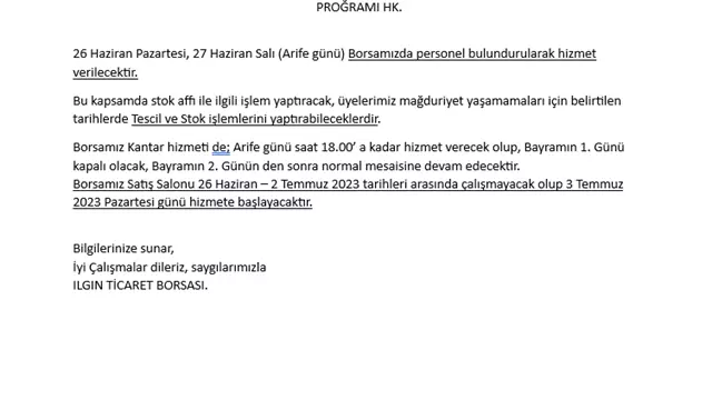 Bayram Tatili Çalışma Programı Hk.-1