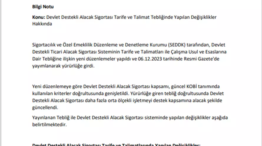 Devlet Destekli Alacak Sigortası Tarife Ve Talimat Tebliği