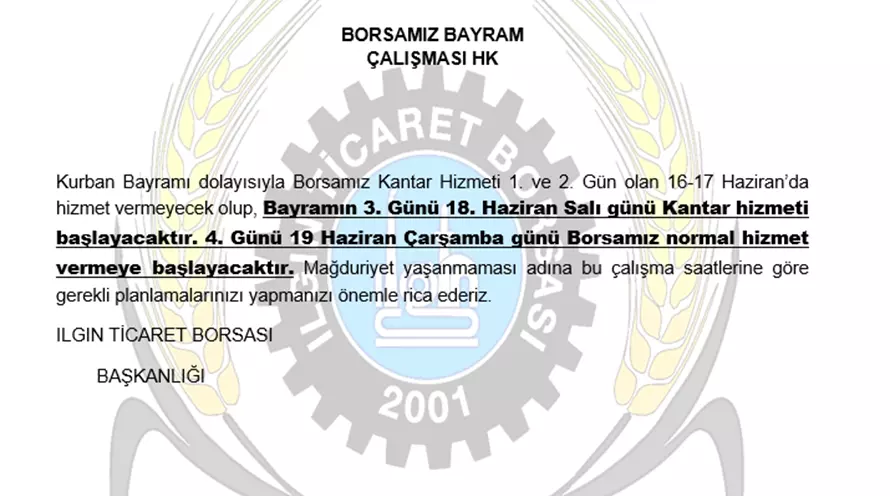 Kurban Bayramı Çalışması Hk.