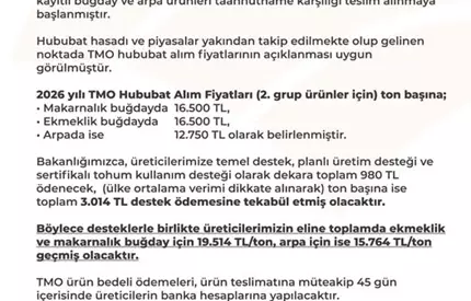 TMO 2026 HUBUBAT ALIM SATIŞ FİYATLARI