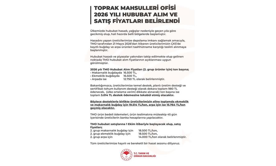 TMO 2026 HUBUBAT ALIM SATIŞ FİYATLARI