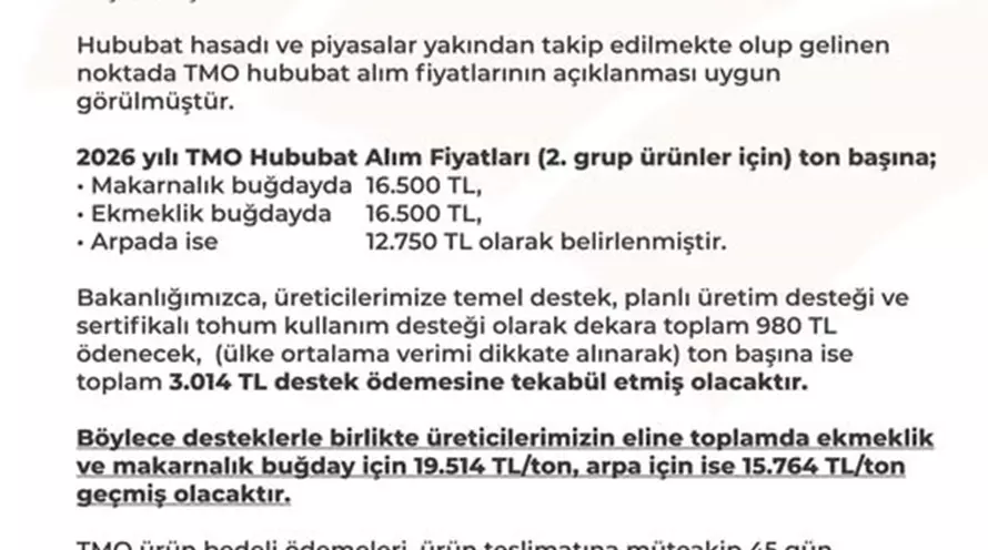 TMO 2026 HUBUBAT ALIM SATIŞ FİYATLARI