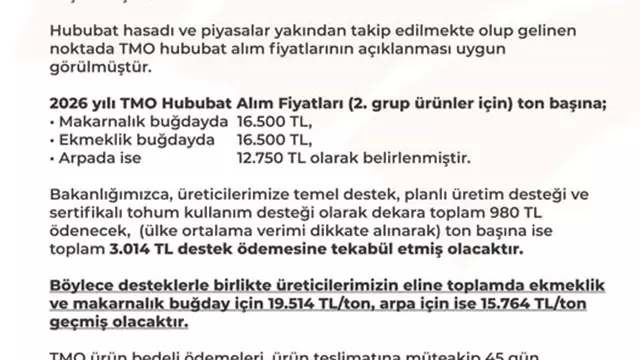 TMO 2026 HUBUBAT ALIM SATIŞ FİYATLARI